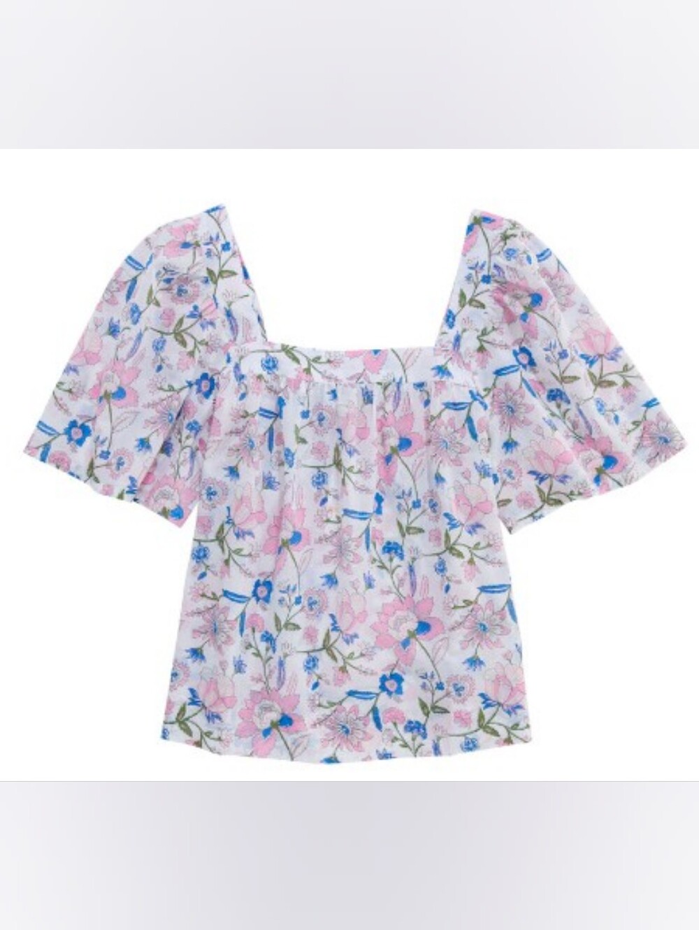 Vineyard Vines Floral Puff-Sleeve Square Neck Top - Pink & Blue